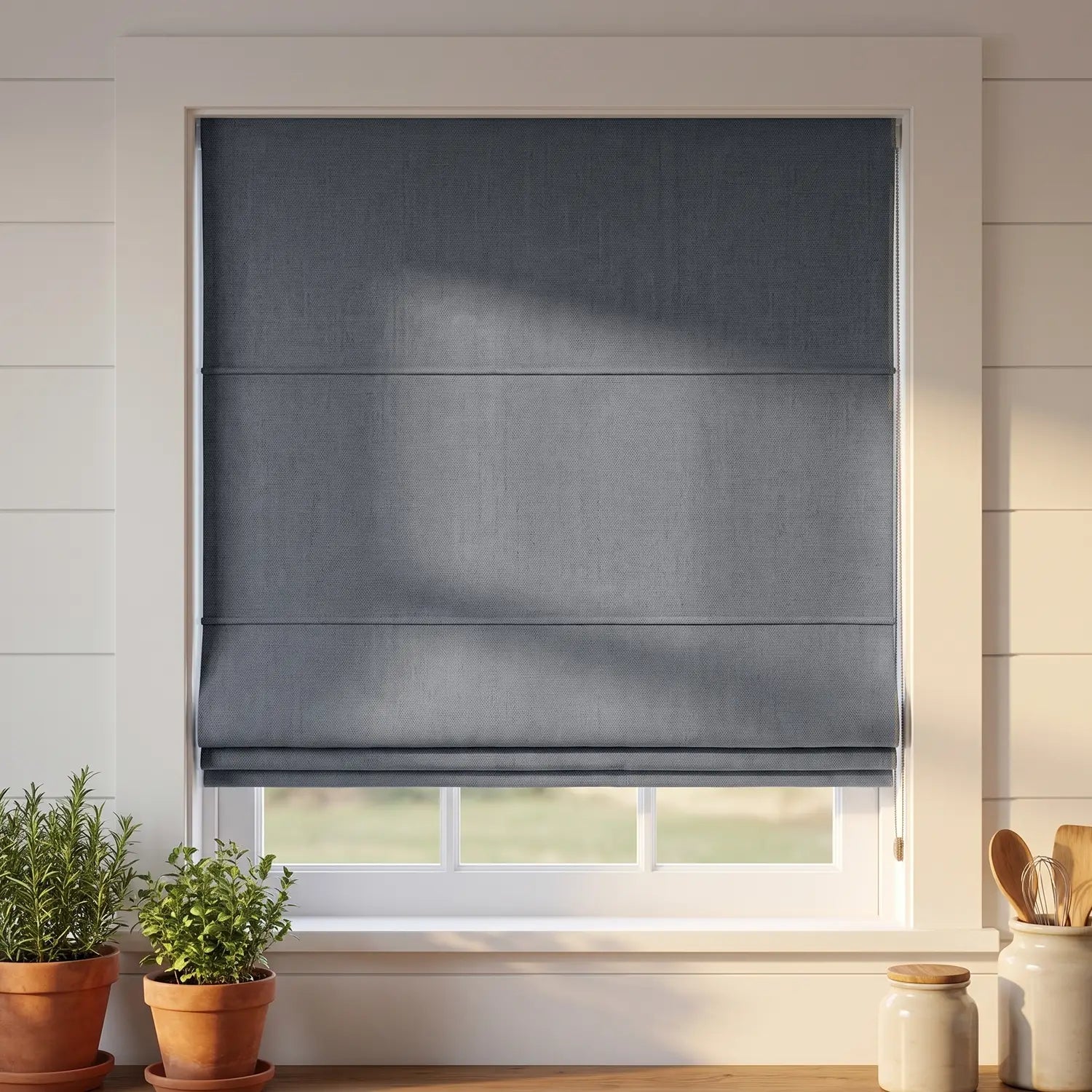 Custom Roman Shade - Pewter Grey in room