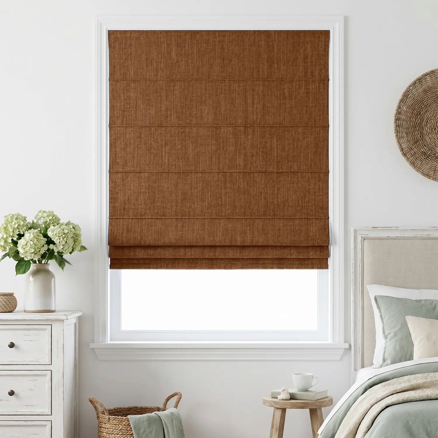 Custom Roman Shade - Mocha Brown in room