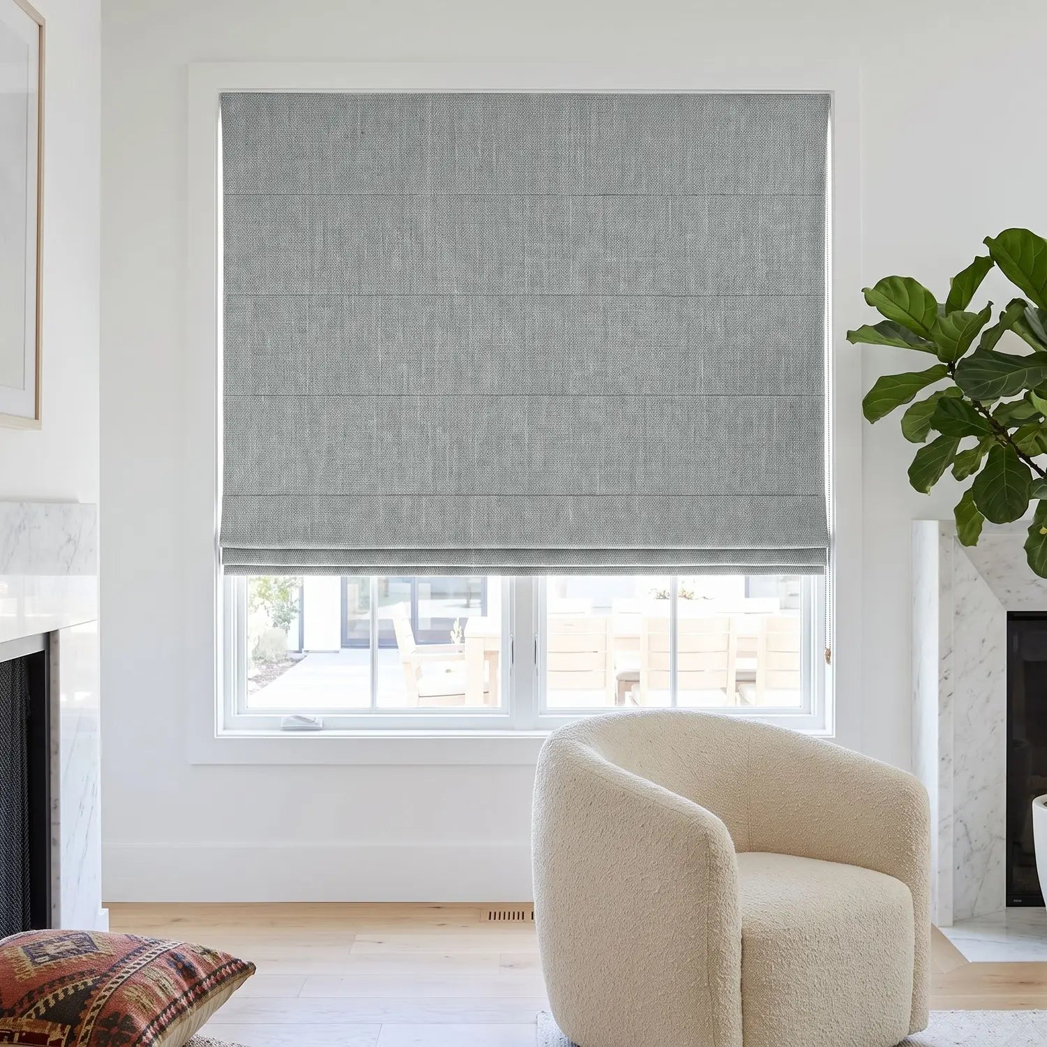 Custom Roman Shade - Mist Grey in room
