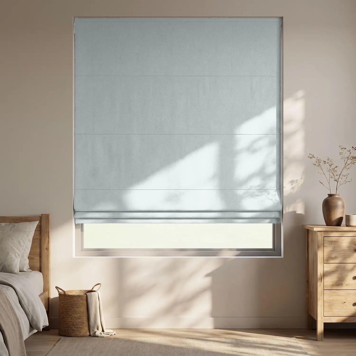 Custom Roman Shade - Pearl Grey in room