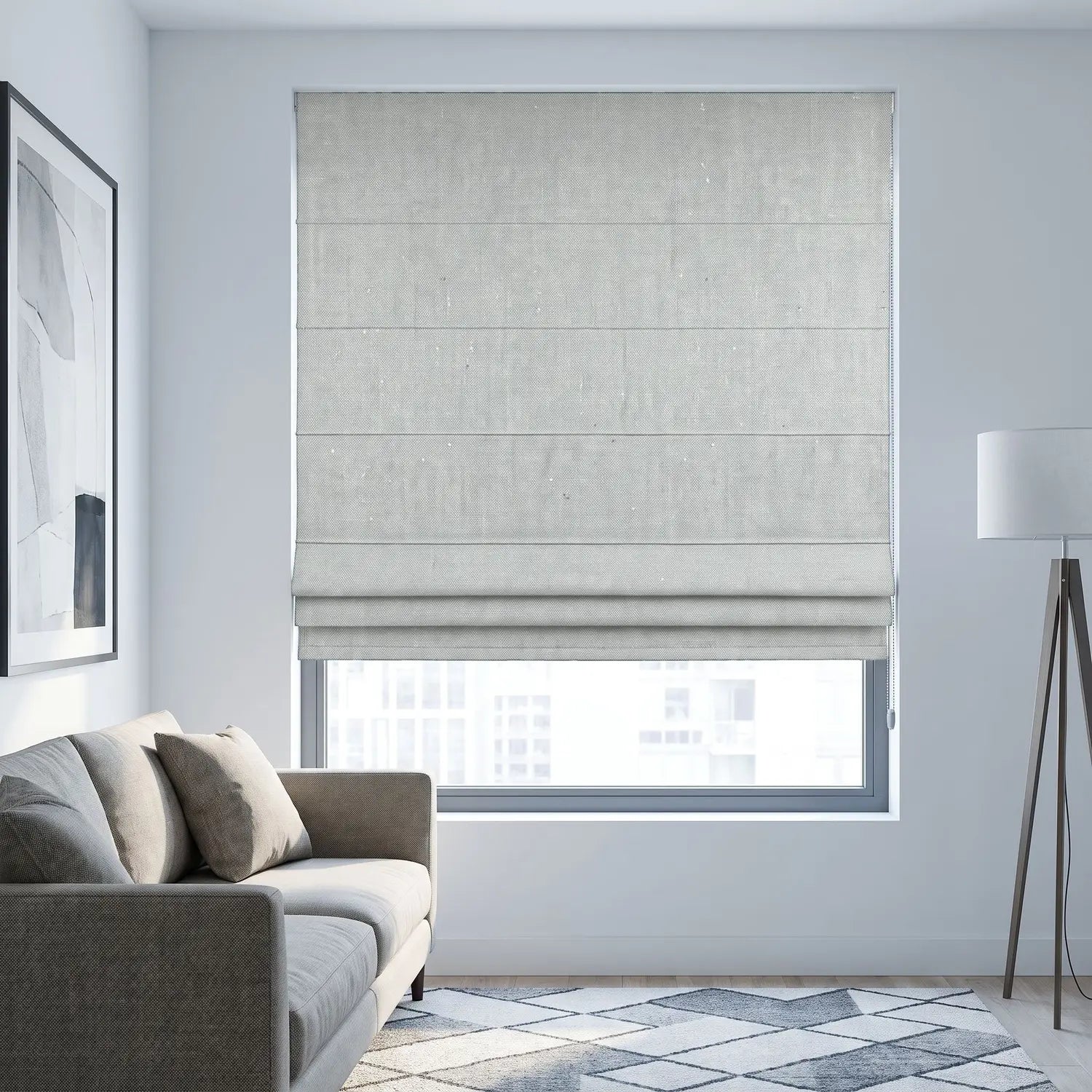 Custom Roman Shade - Pearl Grey in room