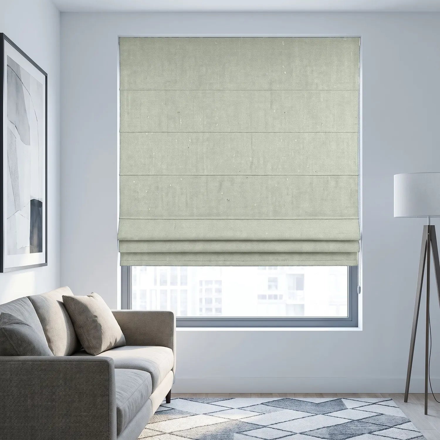 Custom Roman Shade - Pale Sage in room