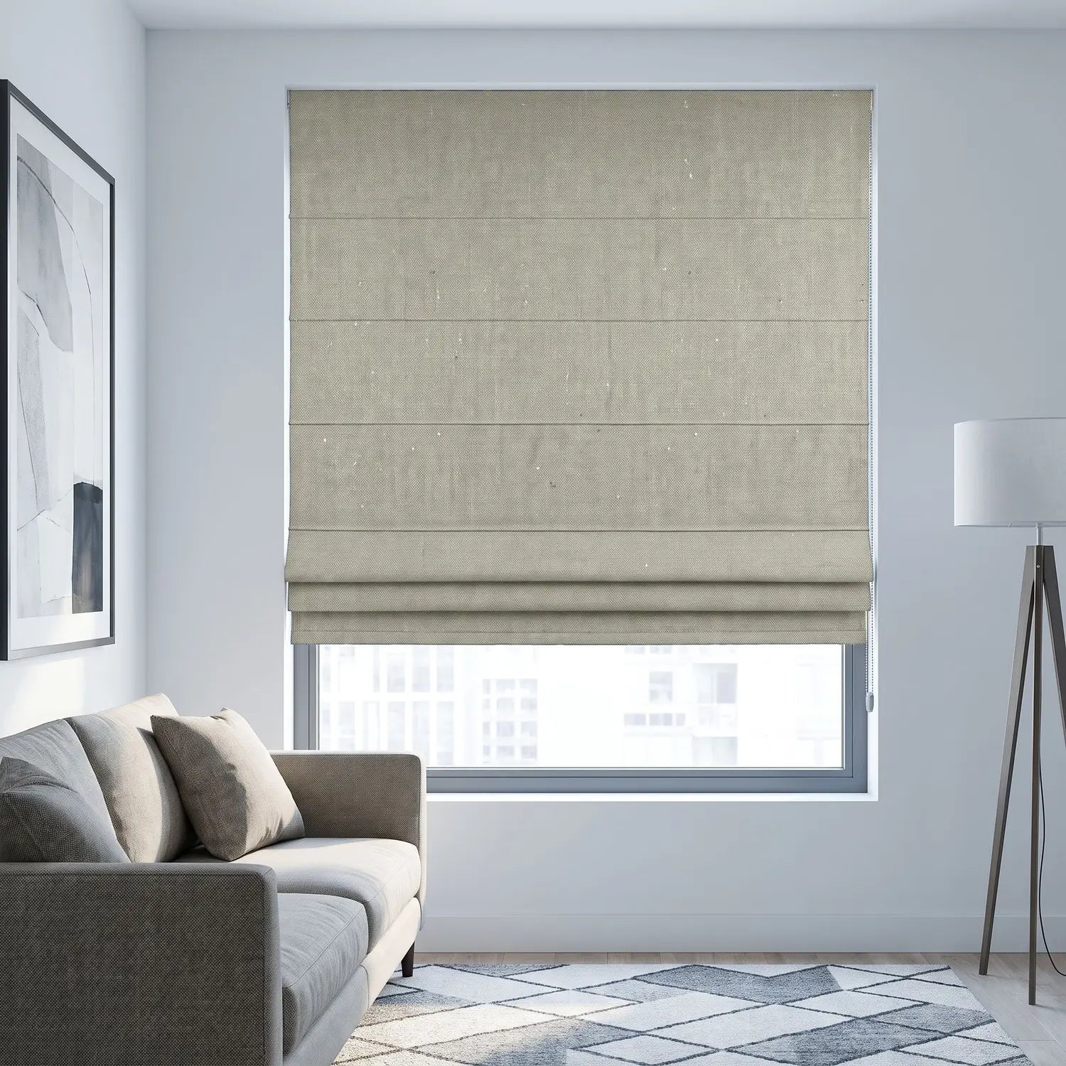 Custom Roman Shade - Warm Taupe in room