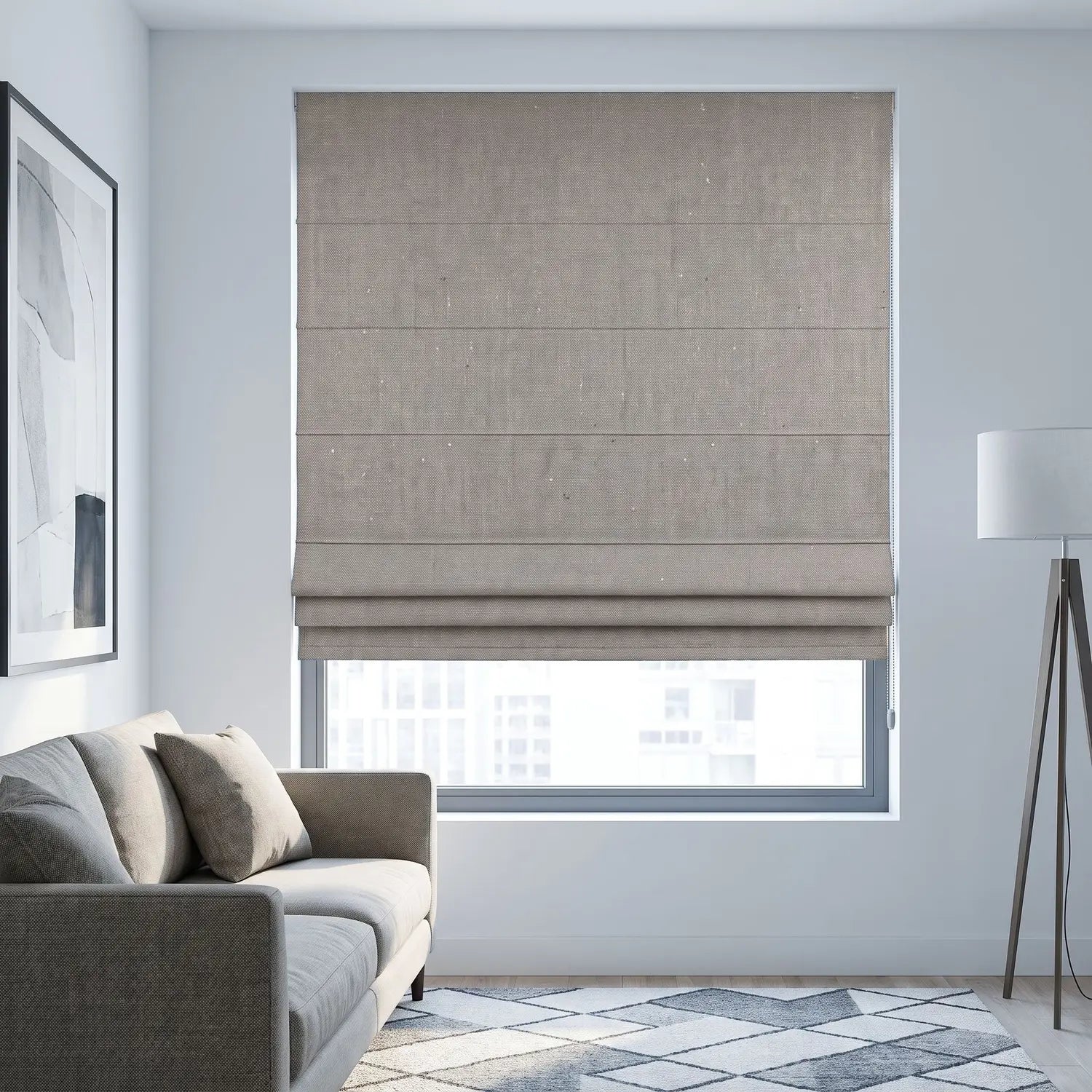 Custom Roman Shade - Clay Taupe in room