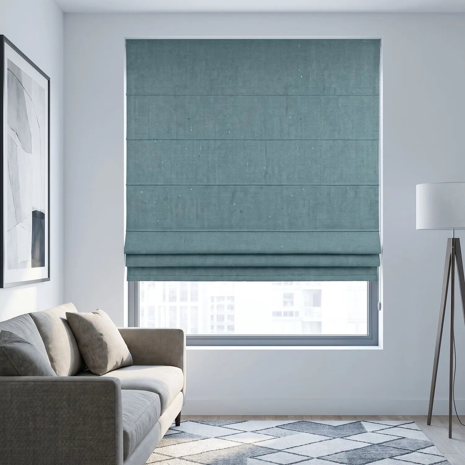 Custom Roman Shade - Sea Teal in room