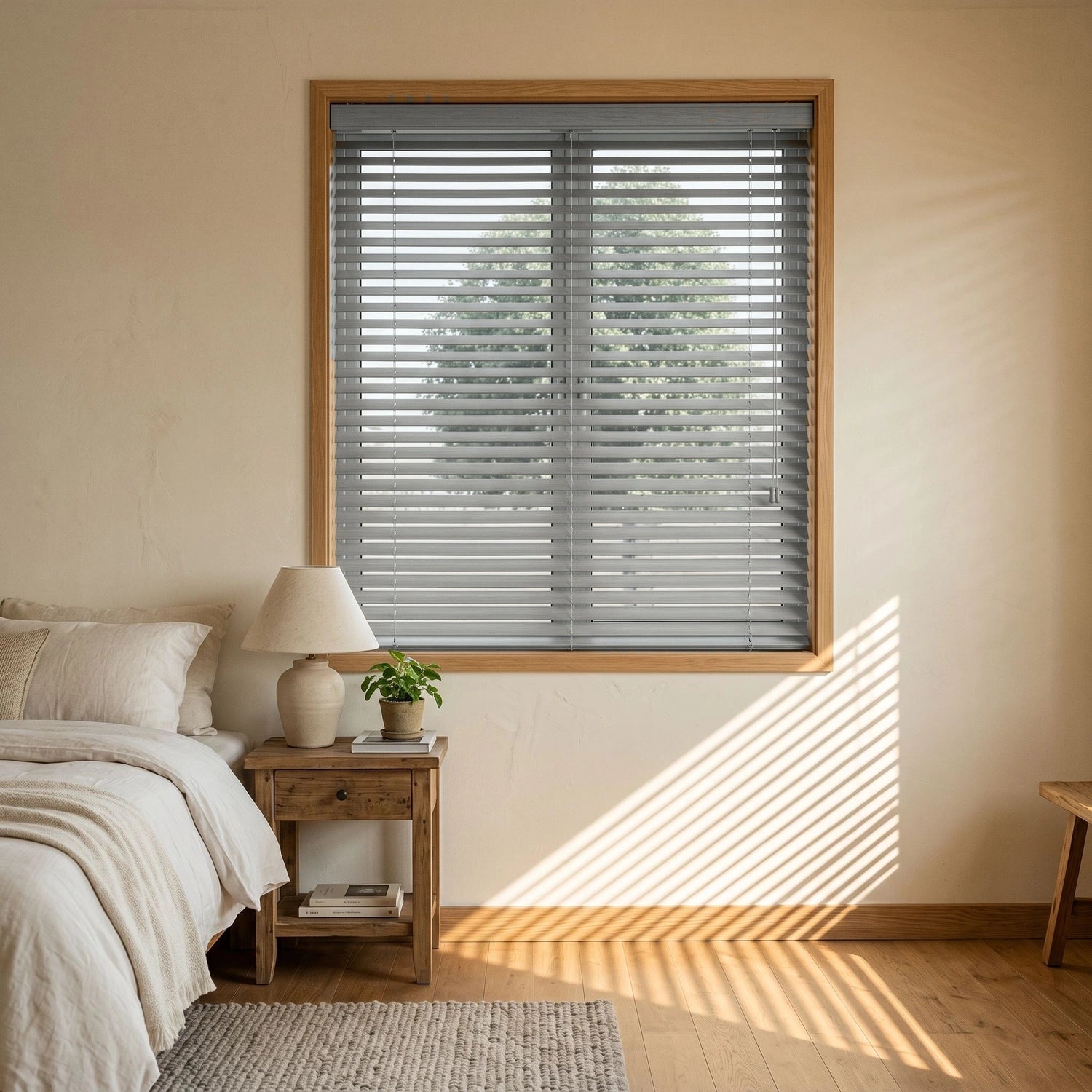 Custom Faux Wood Blinds - Driftwood Grey in Soft Bedroom