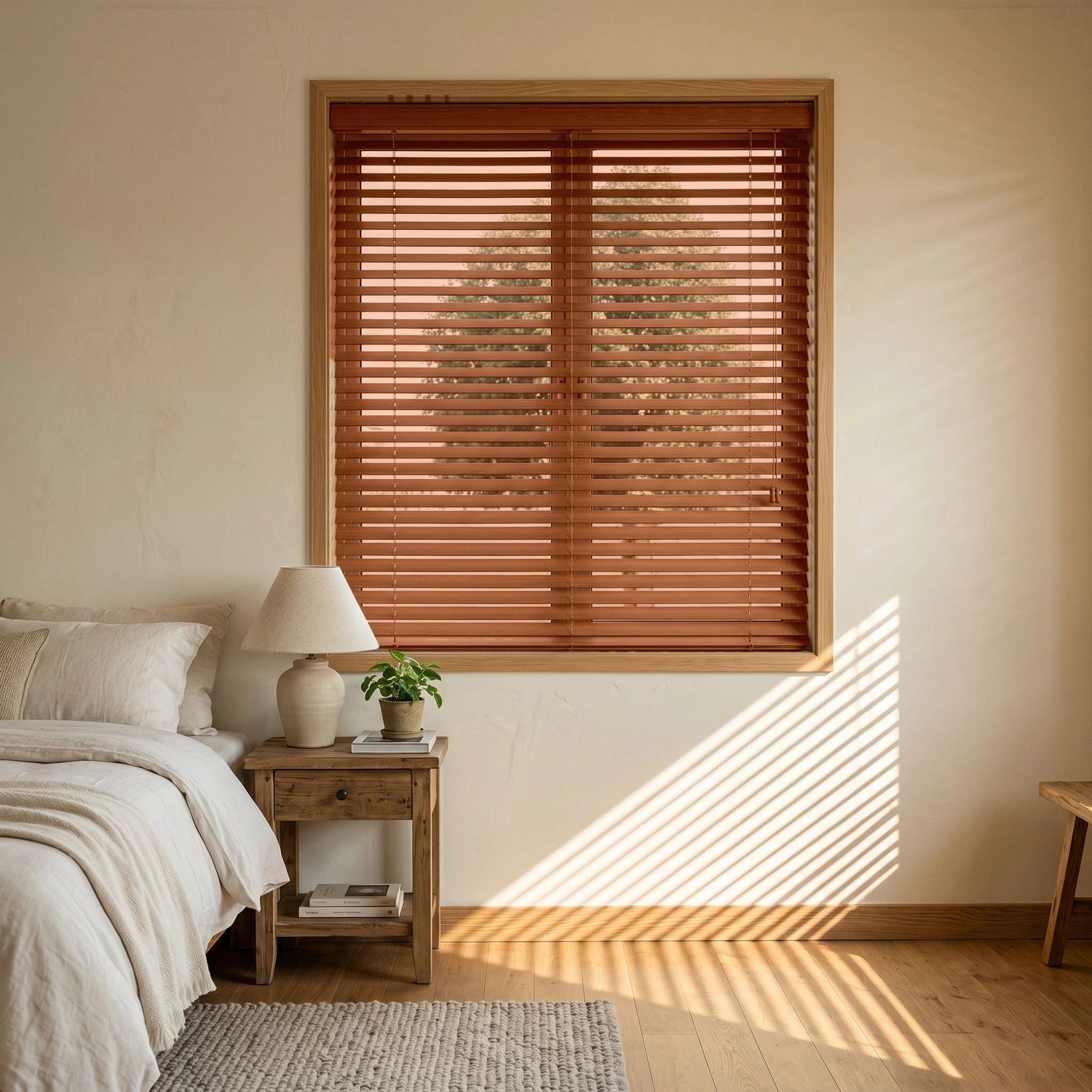 Custom Faux Wood Blinds - Chestnut in Soft Bedroom