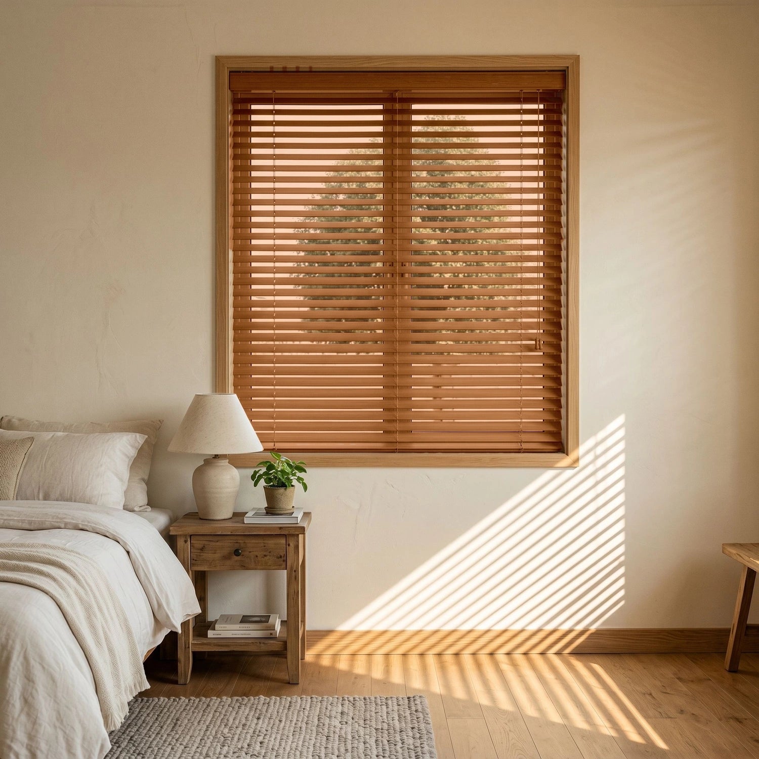 Custom Faux Wood Blinds - Amber Oak in Soft Bedroom