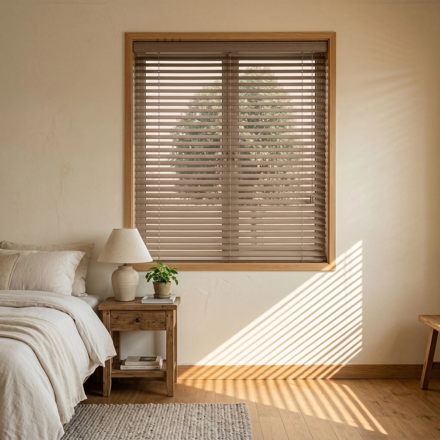 Custom Faux Wood Blinds - Taupe Grey in Soft Bedroom