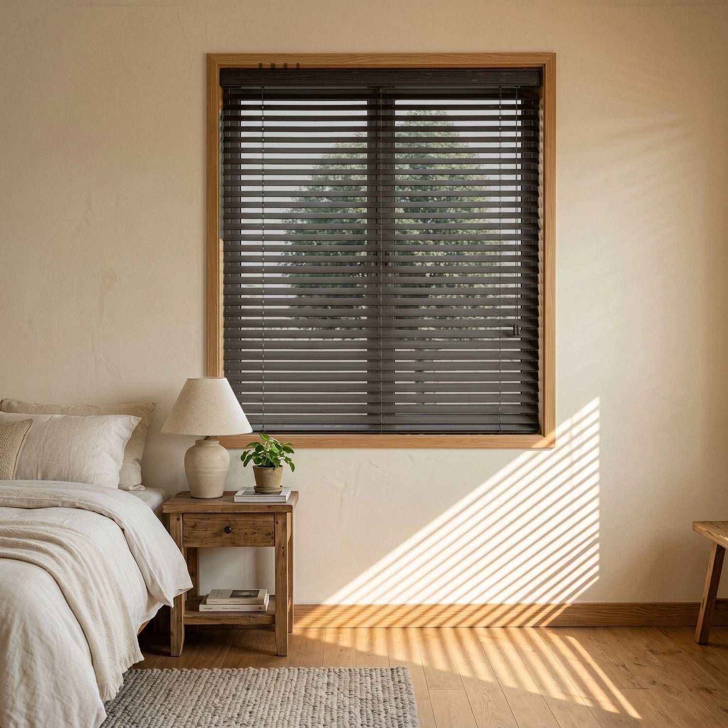 Custom Faux Wood Blinds - Charcoal in Soft Bedroom