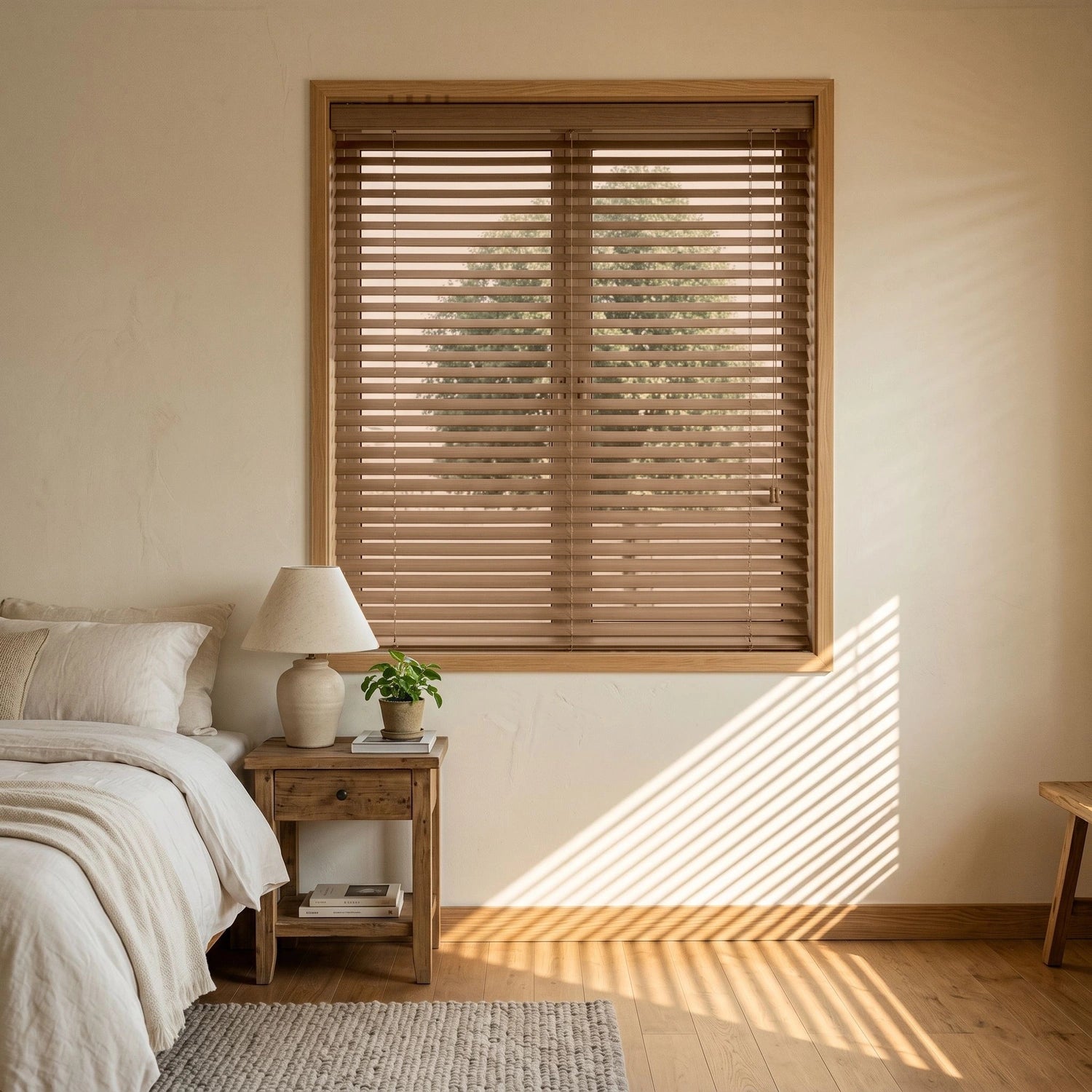 Custom Faux Wood Blinds - Hazelnut in Soft Bedroom