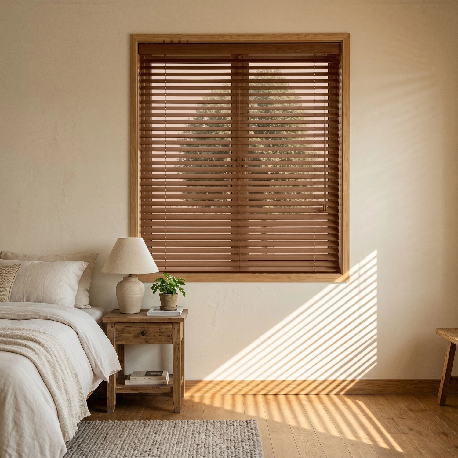 Custom Faux Wood Blinds - Saddle Brown in Soft Bedroom