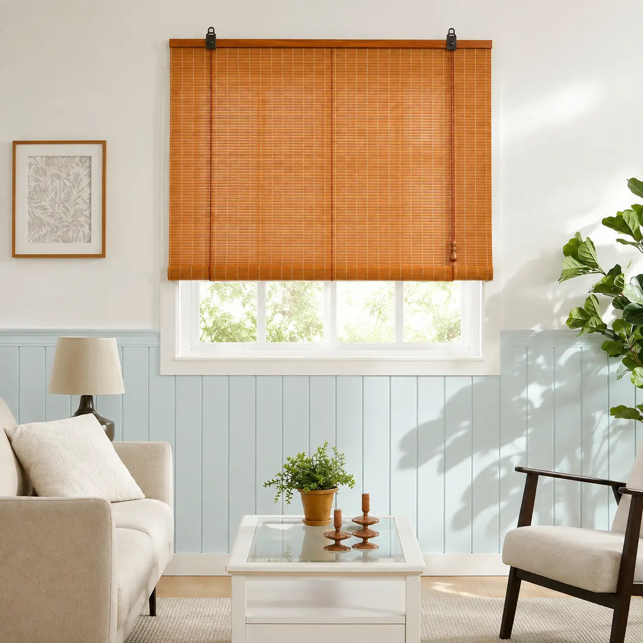 Custom Natural Bamboo Roll-Up Window Shade – Light Filtering Woven Wood Blind