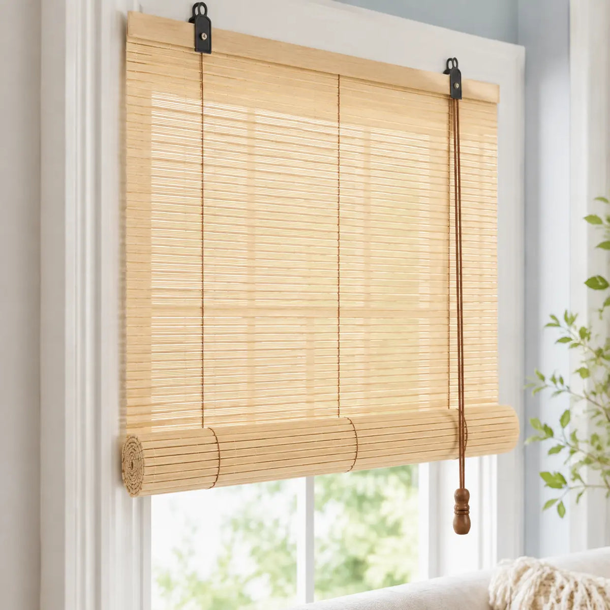 Custom Natural Bamboo Roll-Up Window Shade – Light Filtering Woven Wood Blind