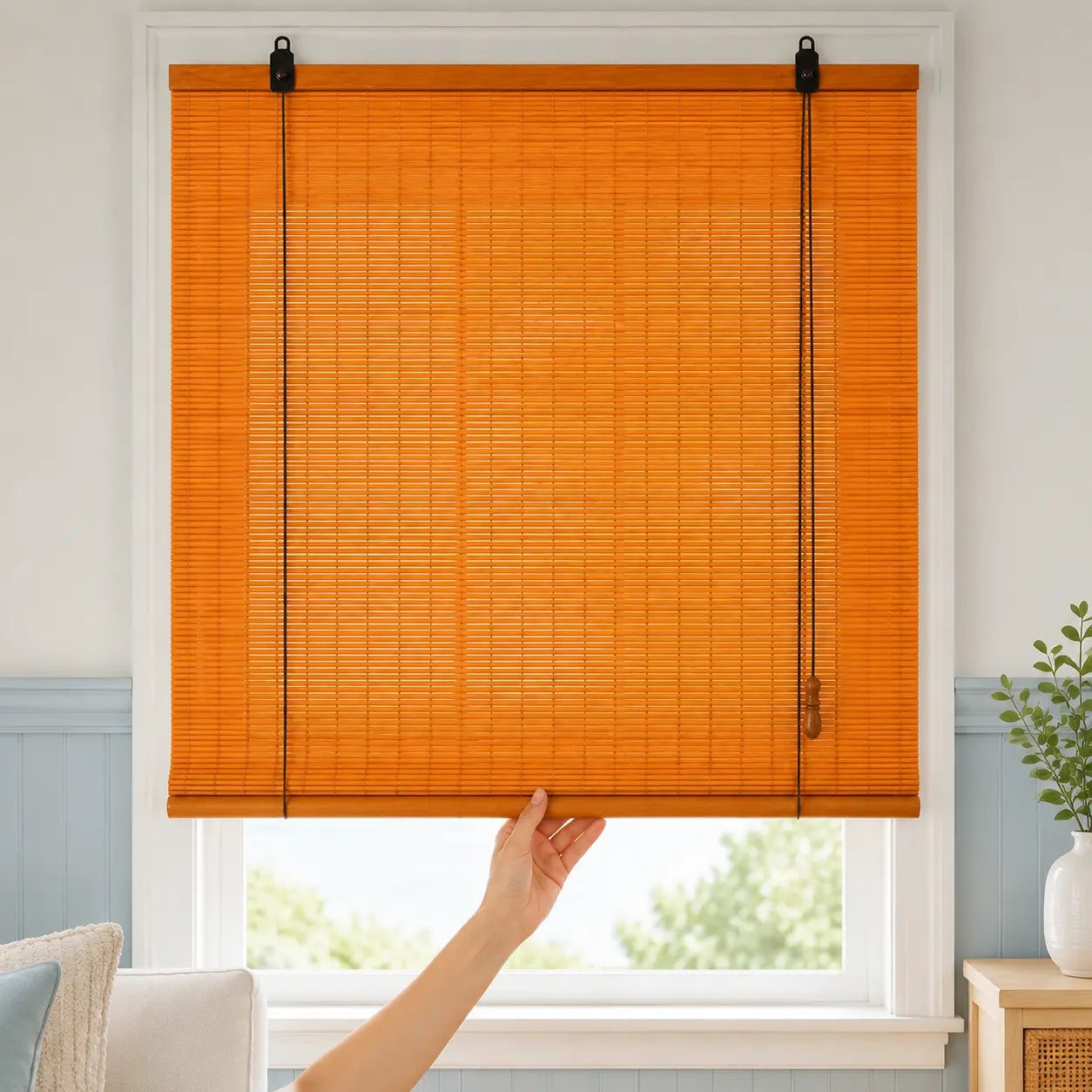 Custom Natural Bamboo Roll-Up Window Shade – Light Filtering Woven Wood Blind