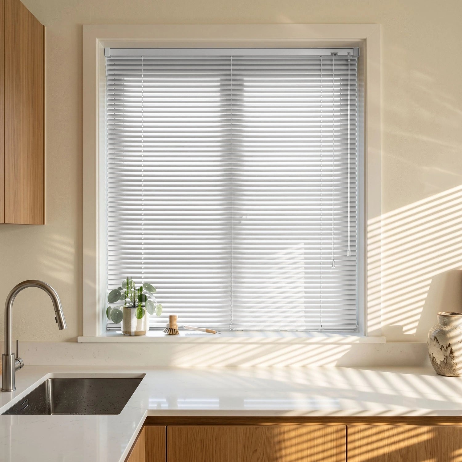 Custom Aluminum Blinds - Snow White in Bright Kitchen