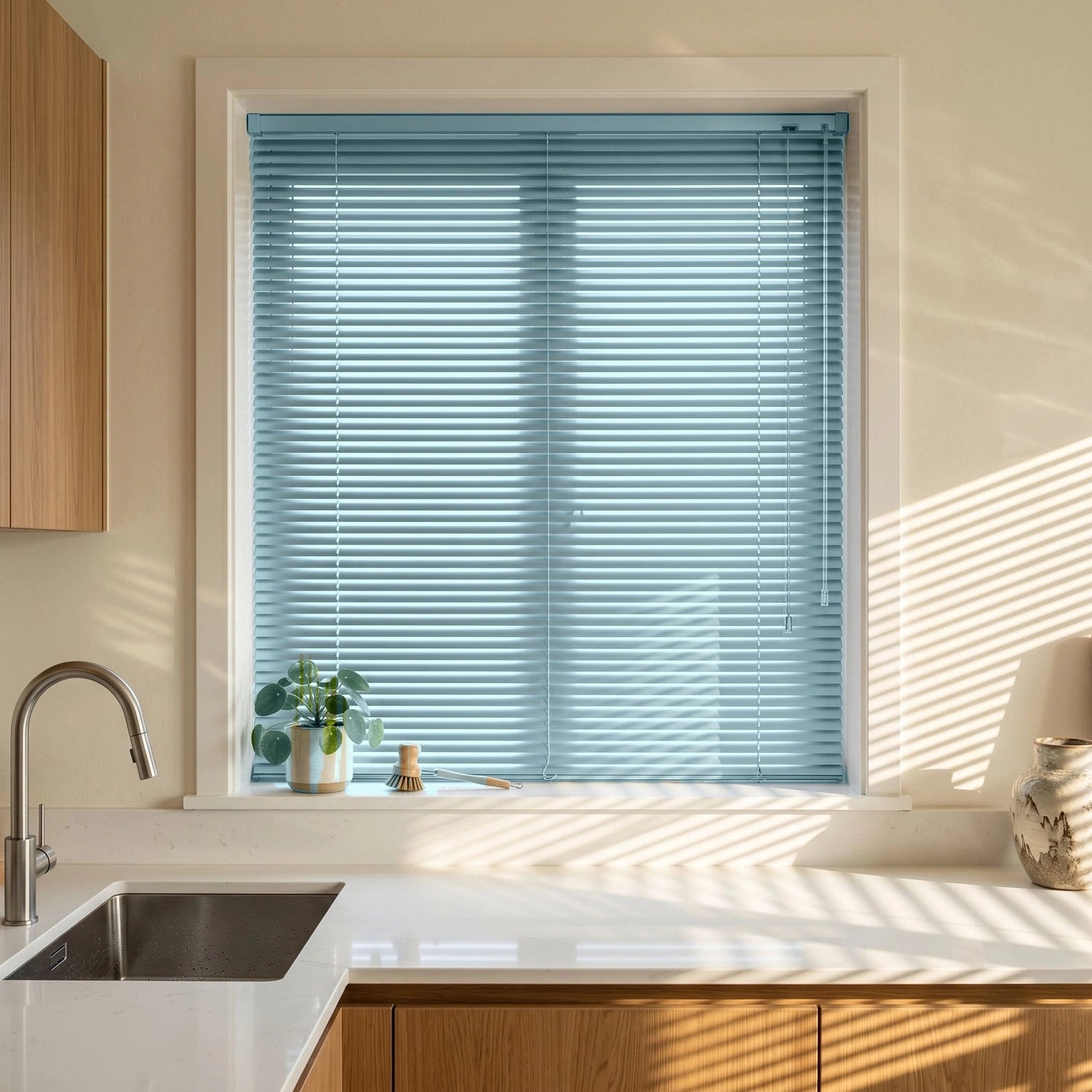 Custom Aluminum Blinds - Powder Blue in Bright Kitchen