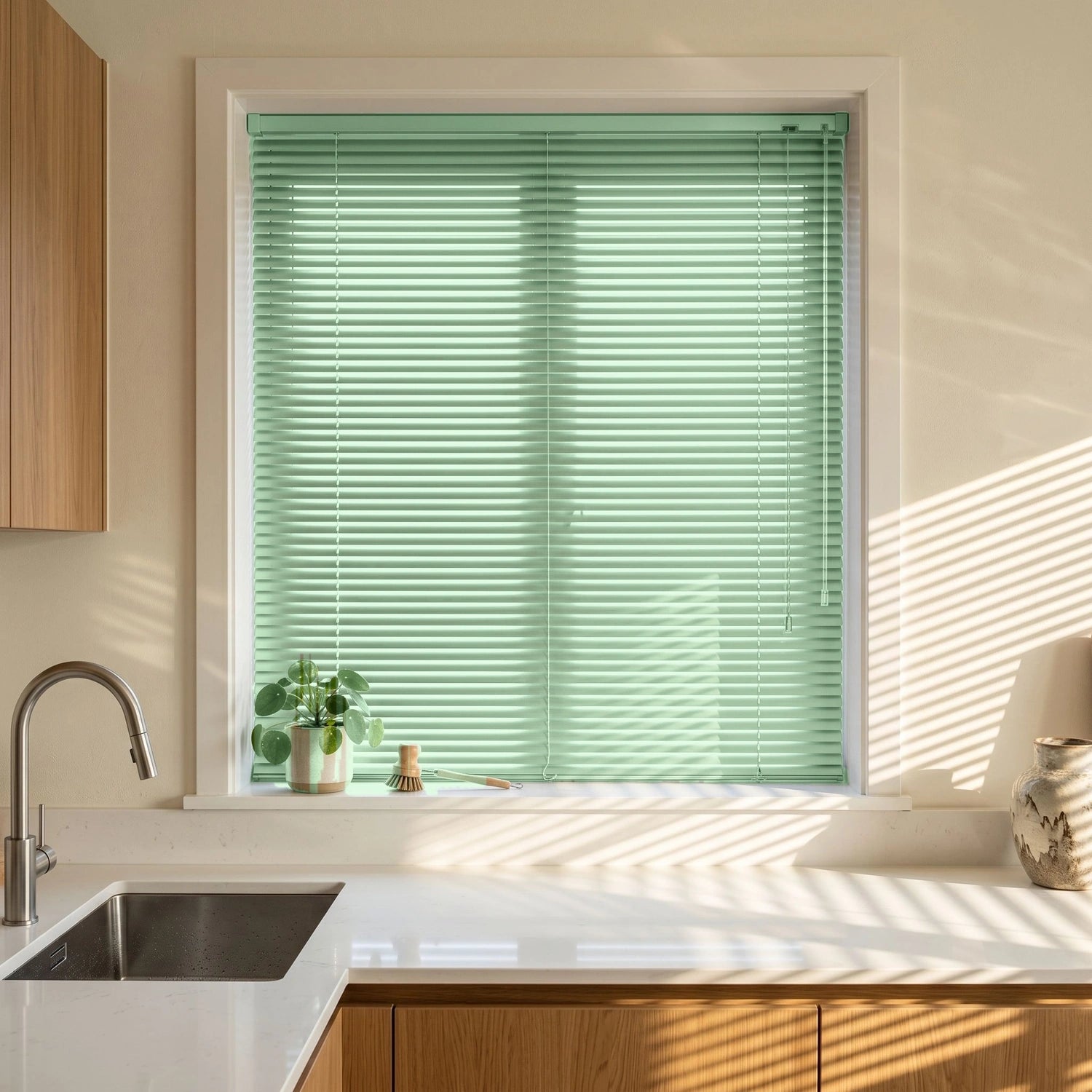 Custom Aluminum Blinds - Apple Green in Bright Kitchen