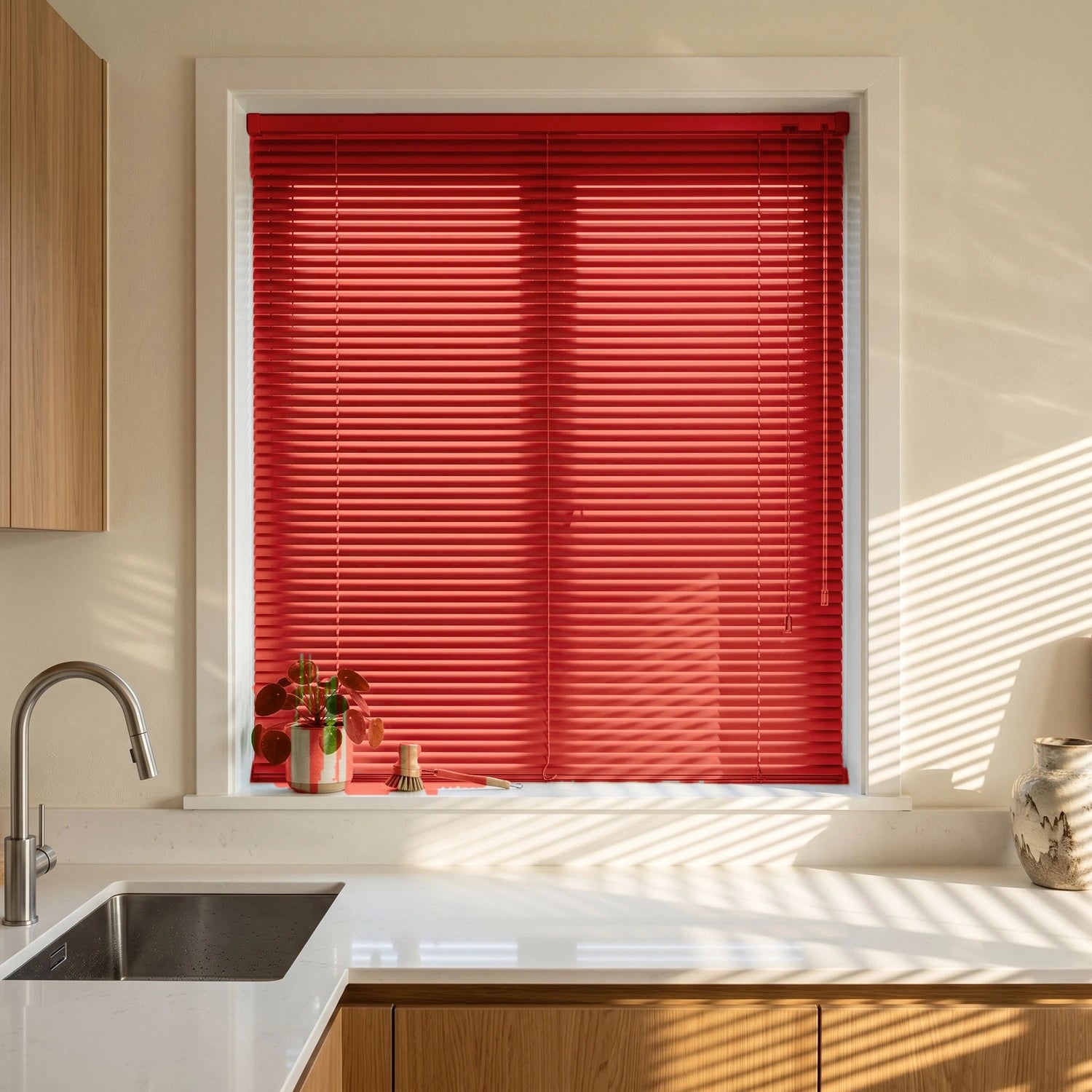 Custom Aluminum Blinds - Crimson Red in Bright Kitchen
