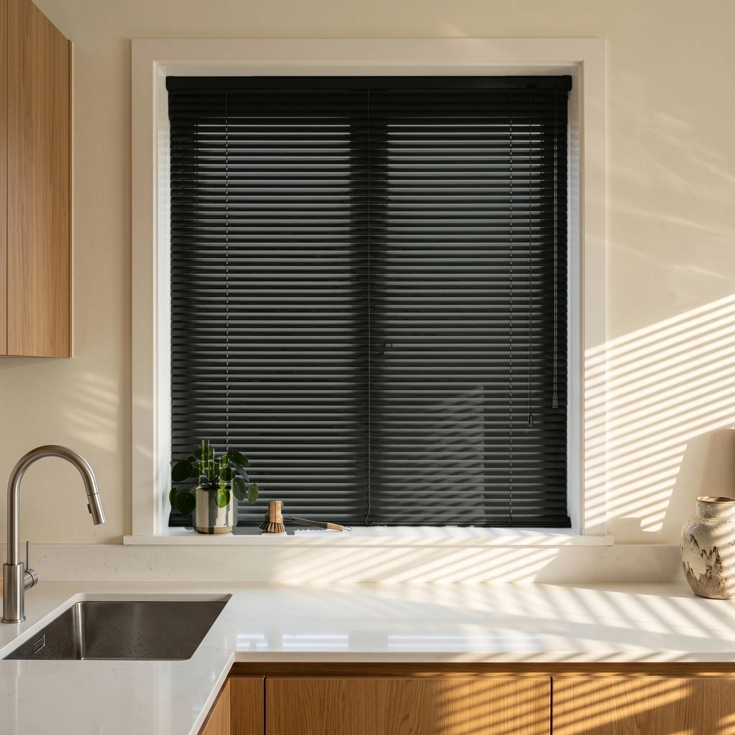 Custom Aluminum Blinds - Jet Black in Bright Kitchen