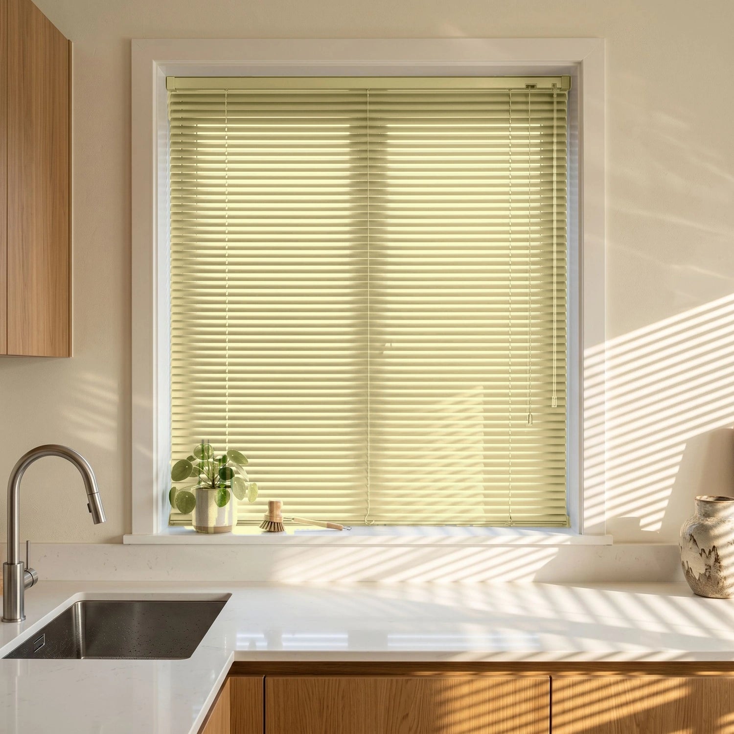 Custom Aluminum Blinds - Buttercream in Bright Kitchen