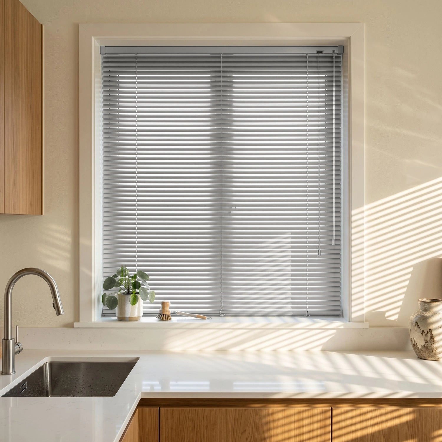 Custom Aluminum Blinds - Smoke Grey in Bright Kitchen