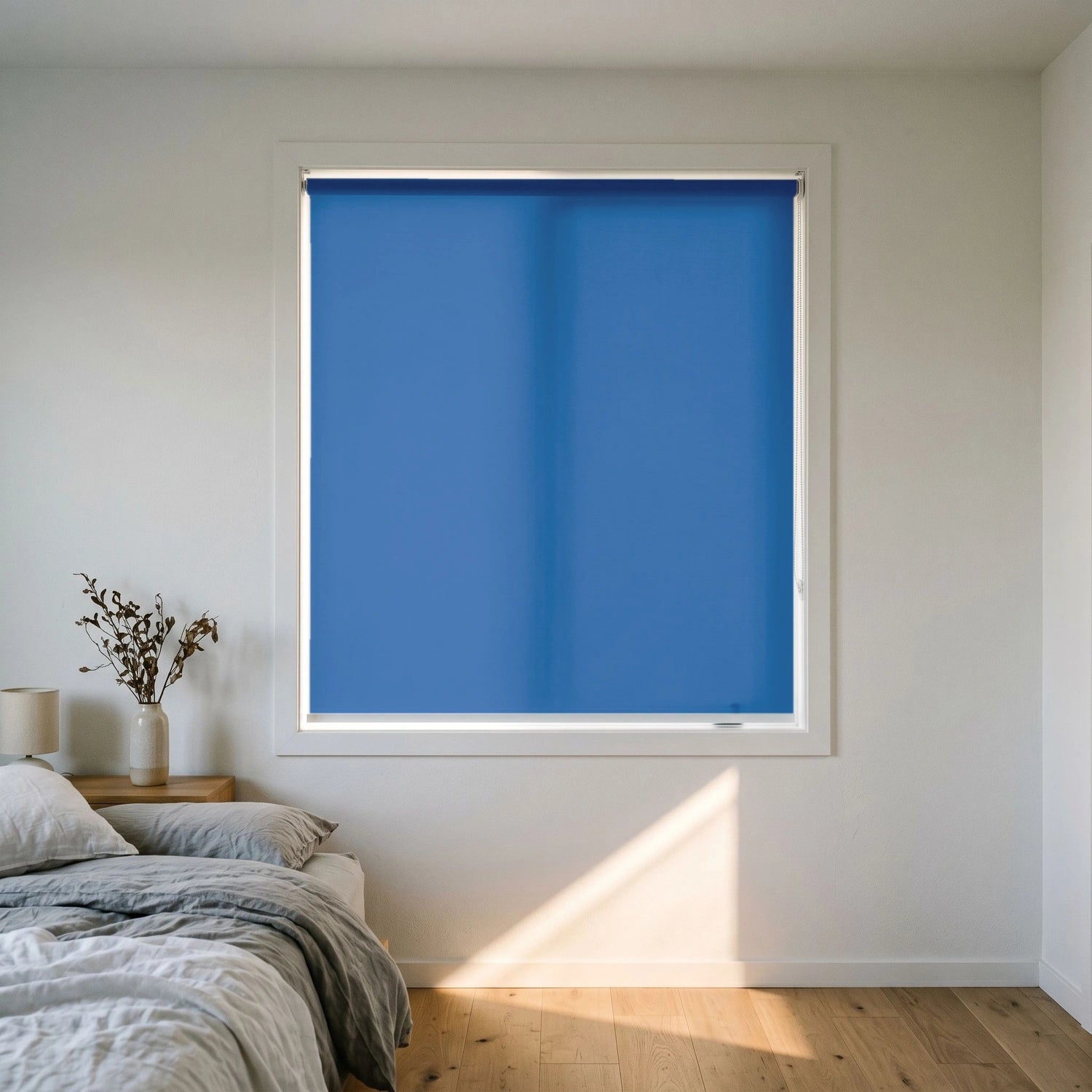 Custom Roller Shades - Cobalt Blue · Light Filtering in Modern Bedroom