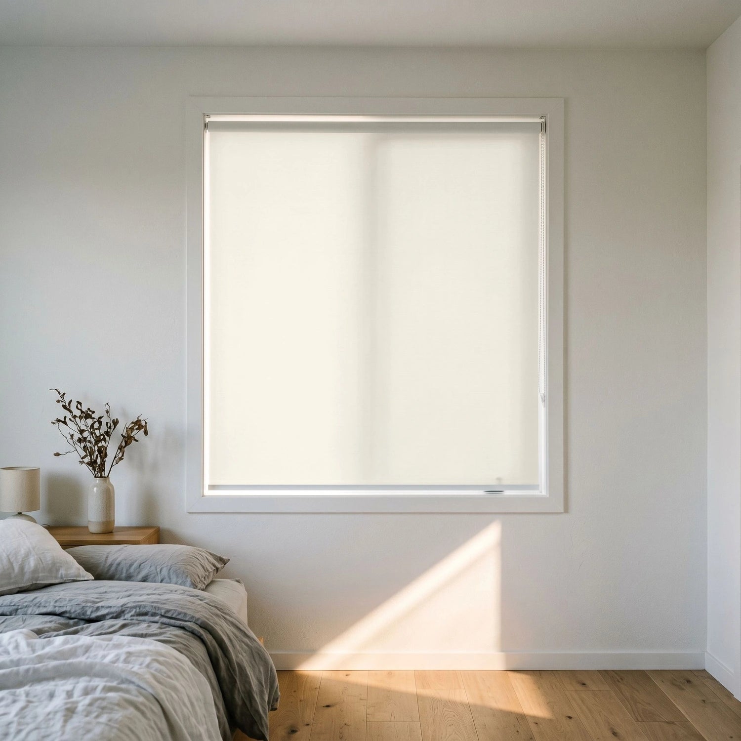 Custom Roller Shades - Cream White · Light Filtering in Modern Bedroom