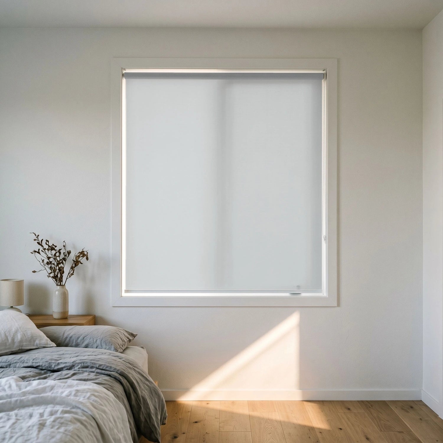 Custom Roller Shades - Light Grey · Light Filtering in Modern Bedroom