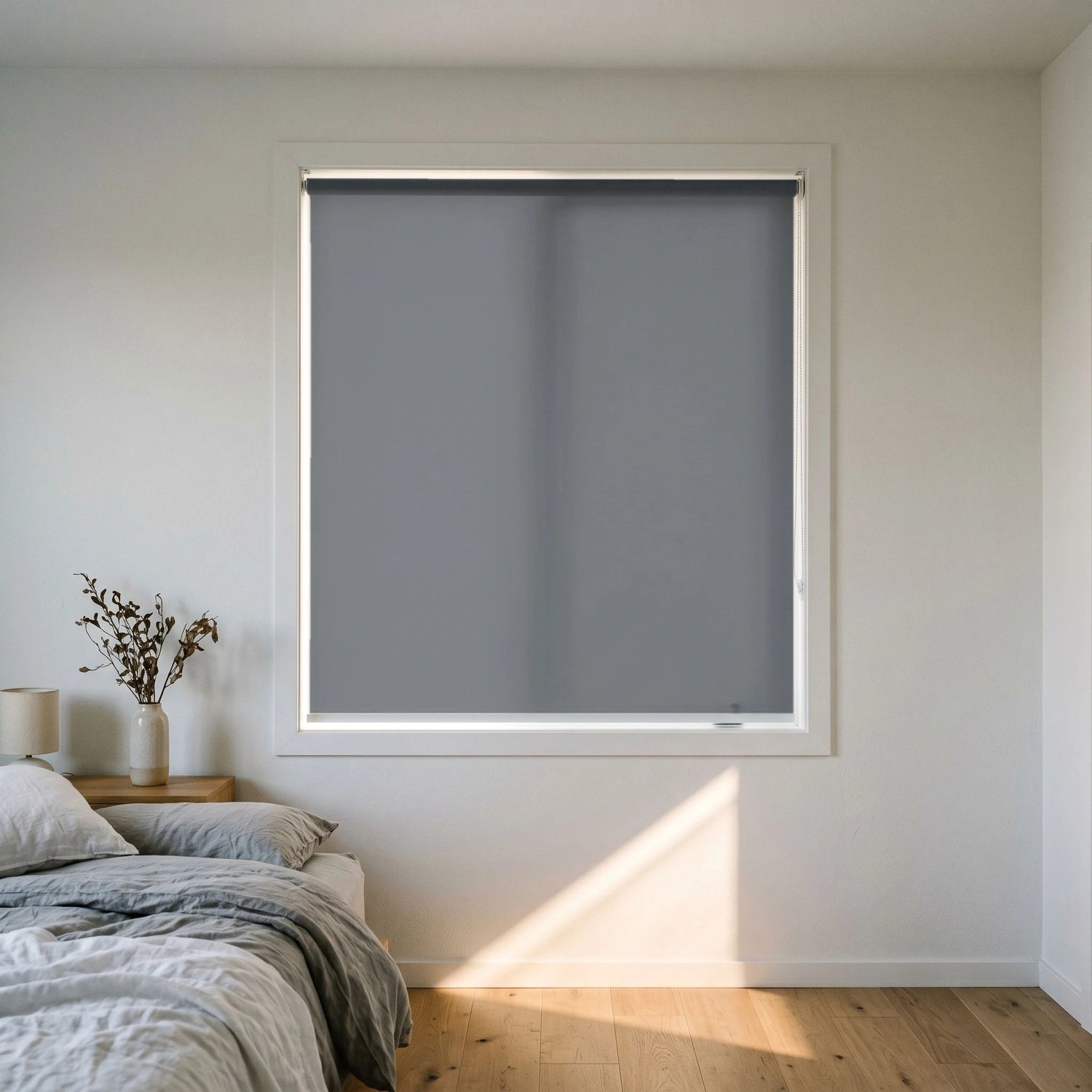 Custom Roller Shades - Mid Grey · Light Filtering in Modern Bedroom