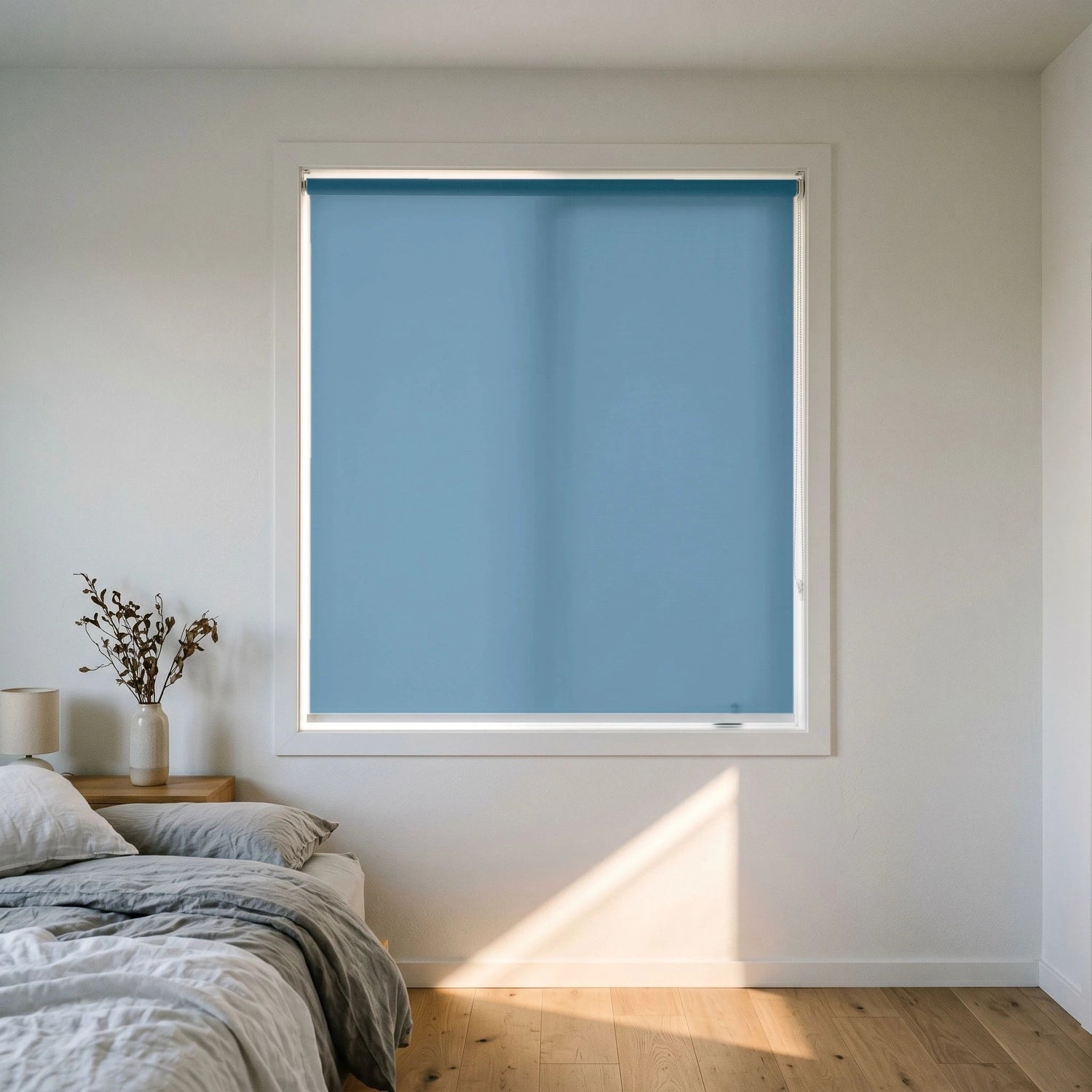 Custom Roller Shades - Lake Blue · Blackout in Modern Bedroom