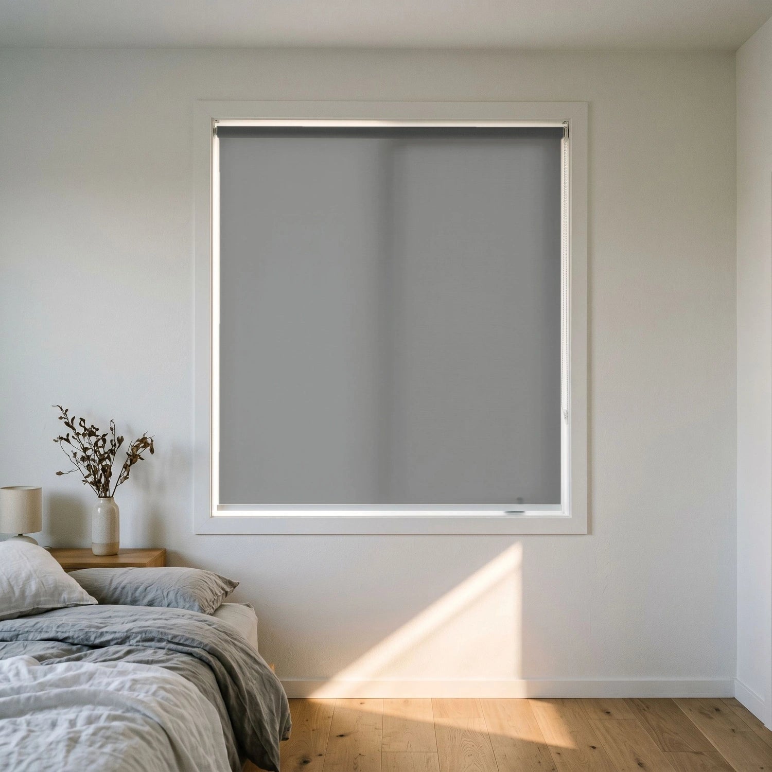 Custom Roller Shades - Mid Grey · Blackout in Modern Bedroom