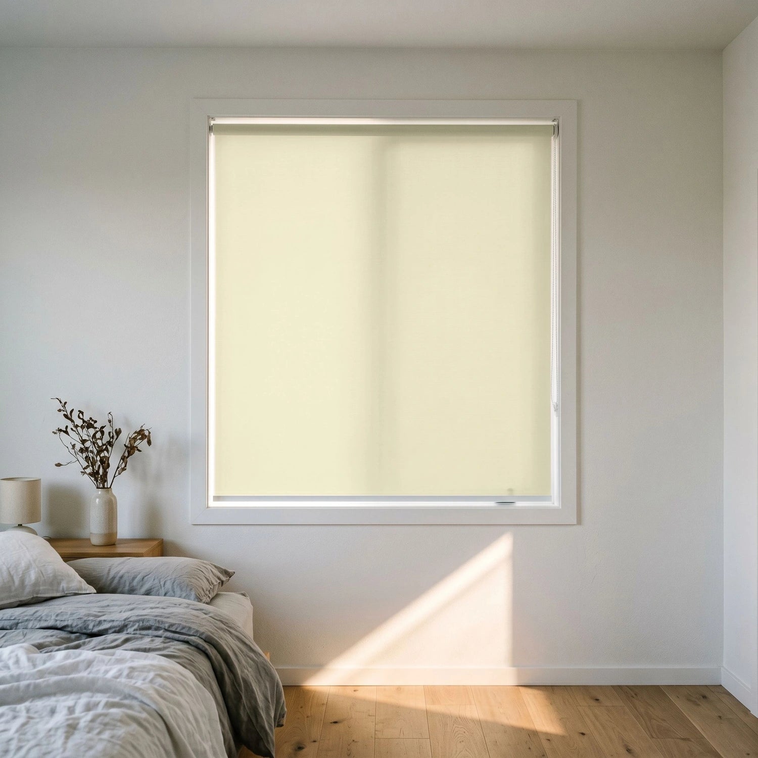 Custom Roller Shades - Sheer Yellow · Light Filtering in Modern Bedroom