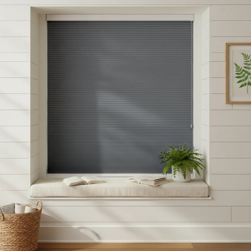 Custom Blackout Cellular Shades - 5010-7深灰色 in Bay Window Nook