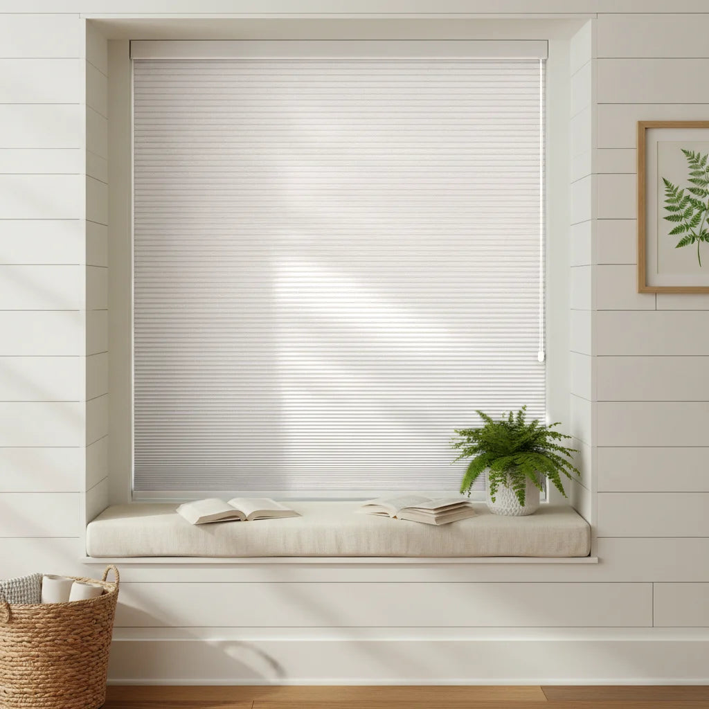 Custom Blackout Cellular Shades - FB054-淡米色 in Bay Window Nook