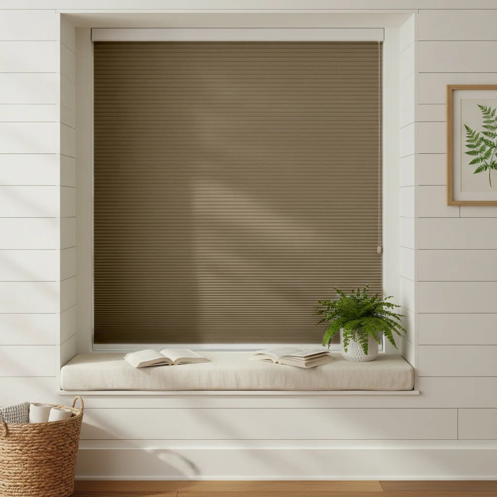 Custom Blackout Cellular Shades - FB063深咖色 in Bay Window Nook