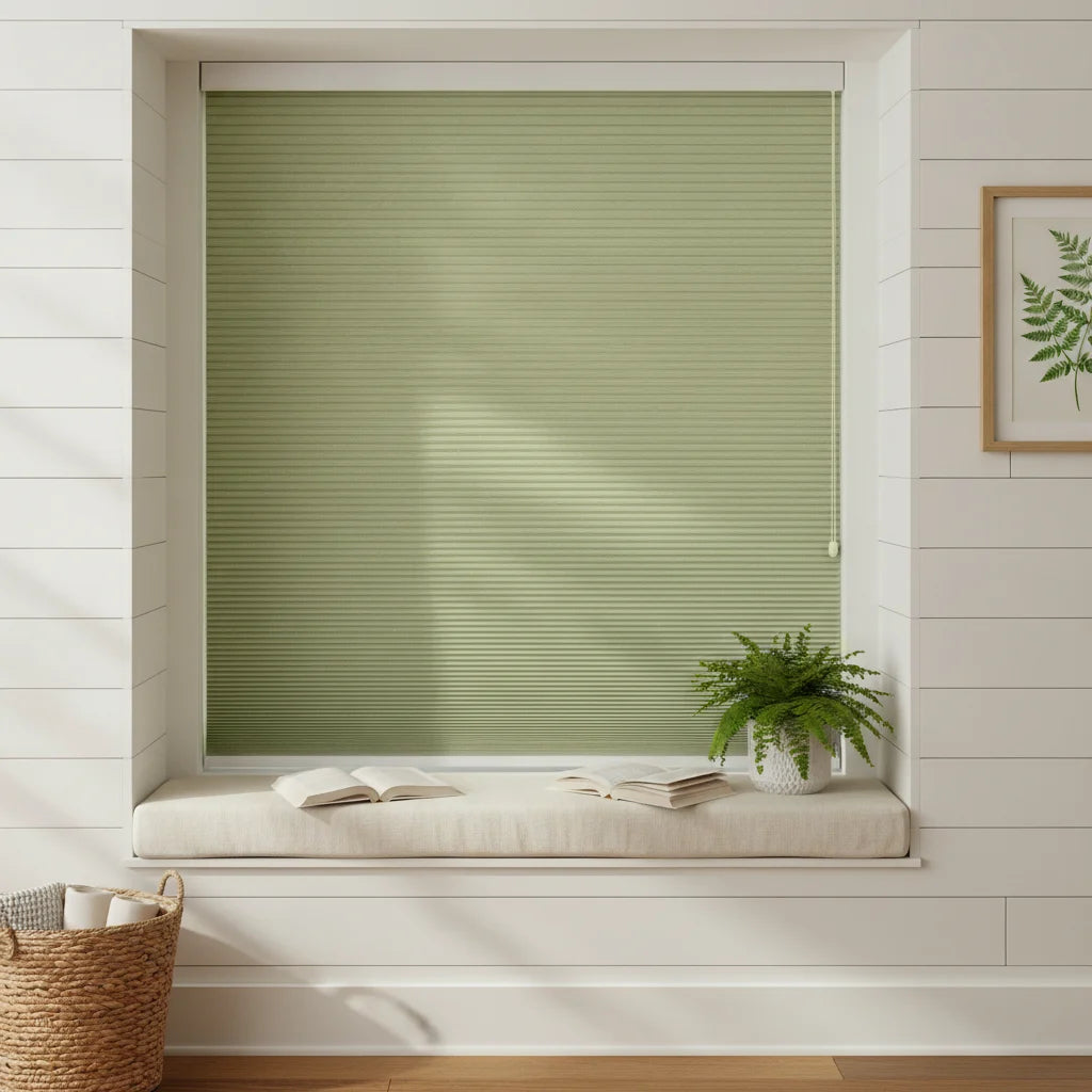 Custom Blackout Cellular Shades - FB069绿色 in Bay Window Nook