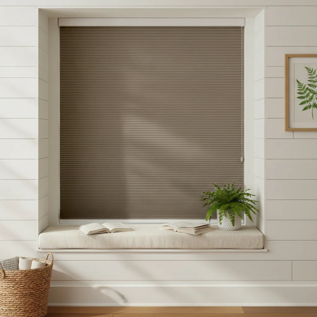 Custom Blackout Cellular Shades - OM3-10 in Bay Window Nook