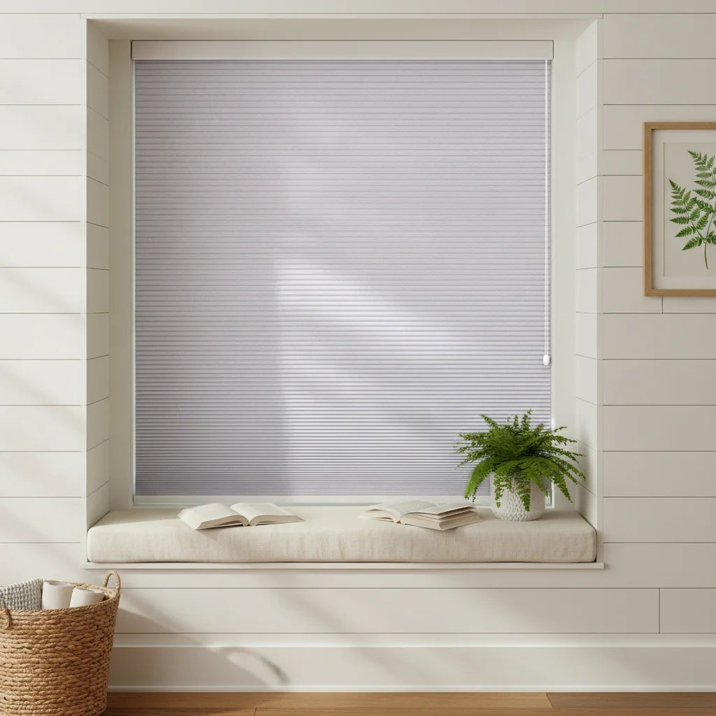 Custom Blackout Cellular Shades - OM3-11 in Bay Window Nook