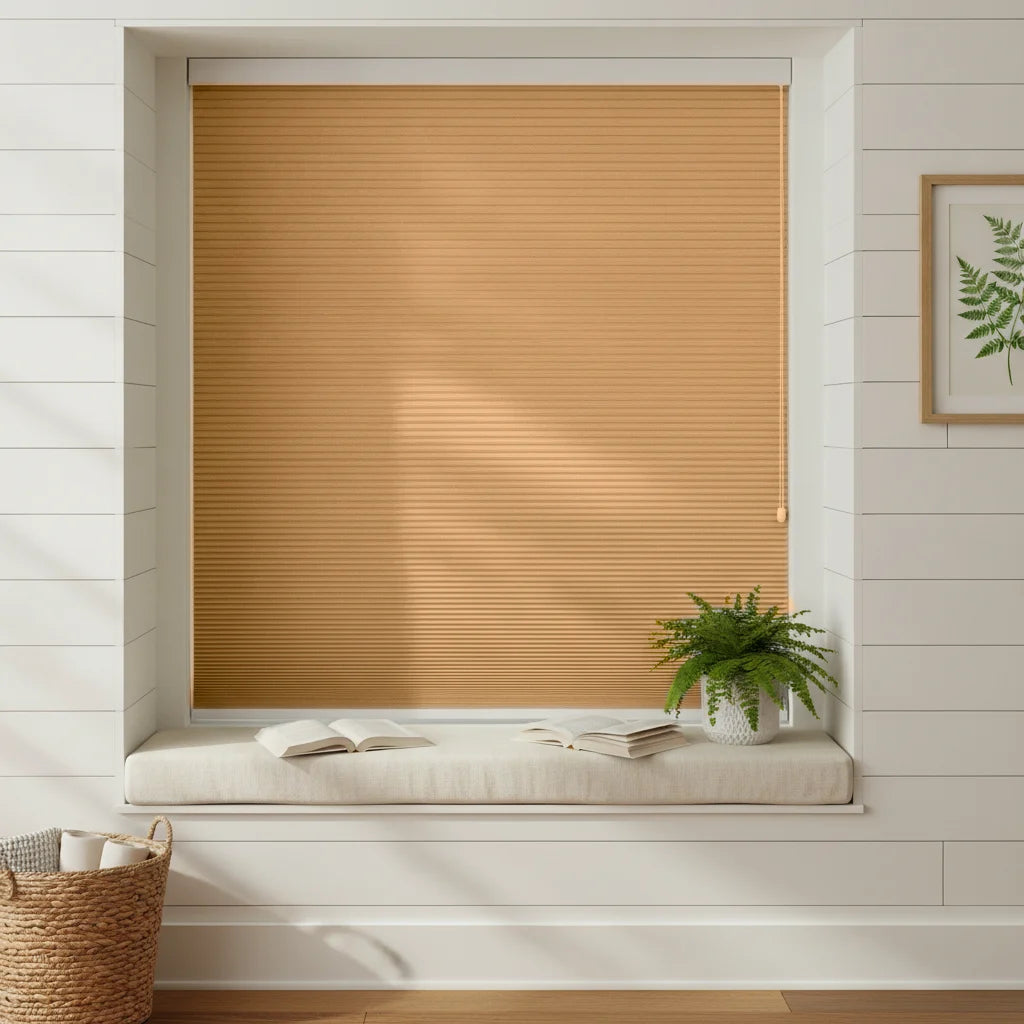 Custom Blackout Cellular Shades - OM3-2 in Bay Window Nook