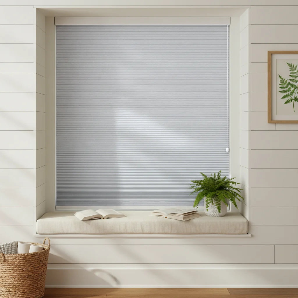 Custom Blackout Cellular Shades - OM3-4 in Bay Window Nook