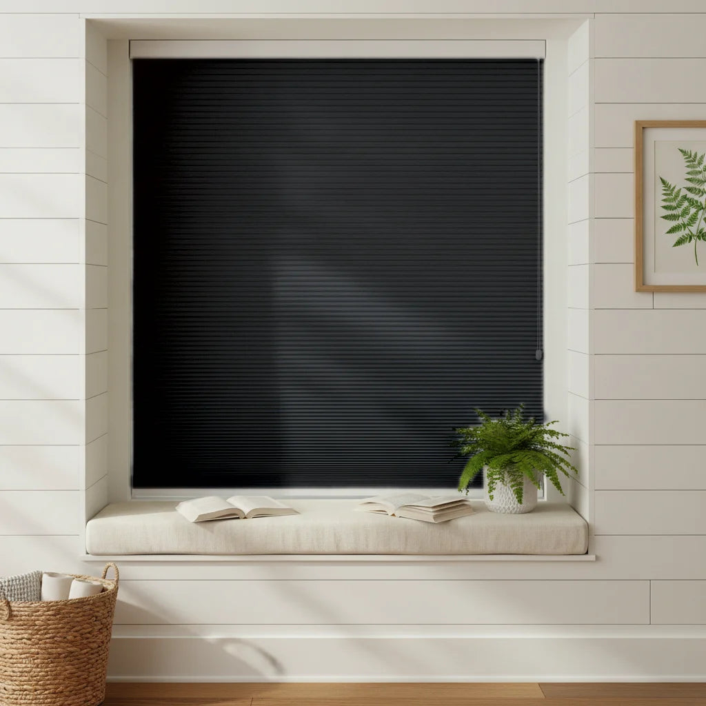 Custom Blackout Cellular Shades - OM3-6 in Bay Window Nook