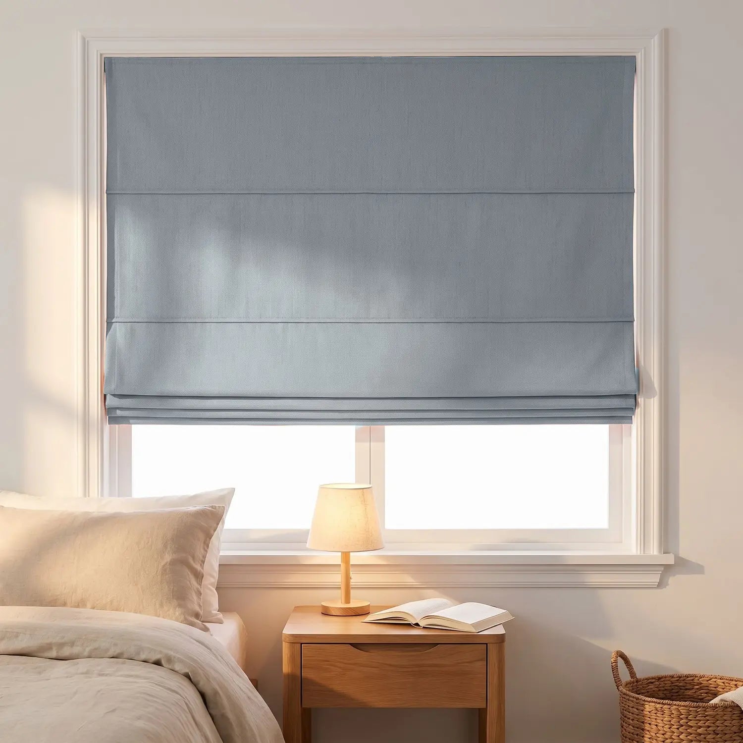 Custom Roman Shade - Aqua Mist in room