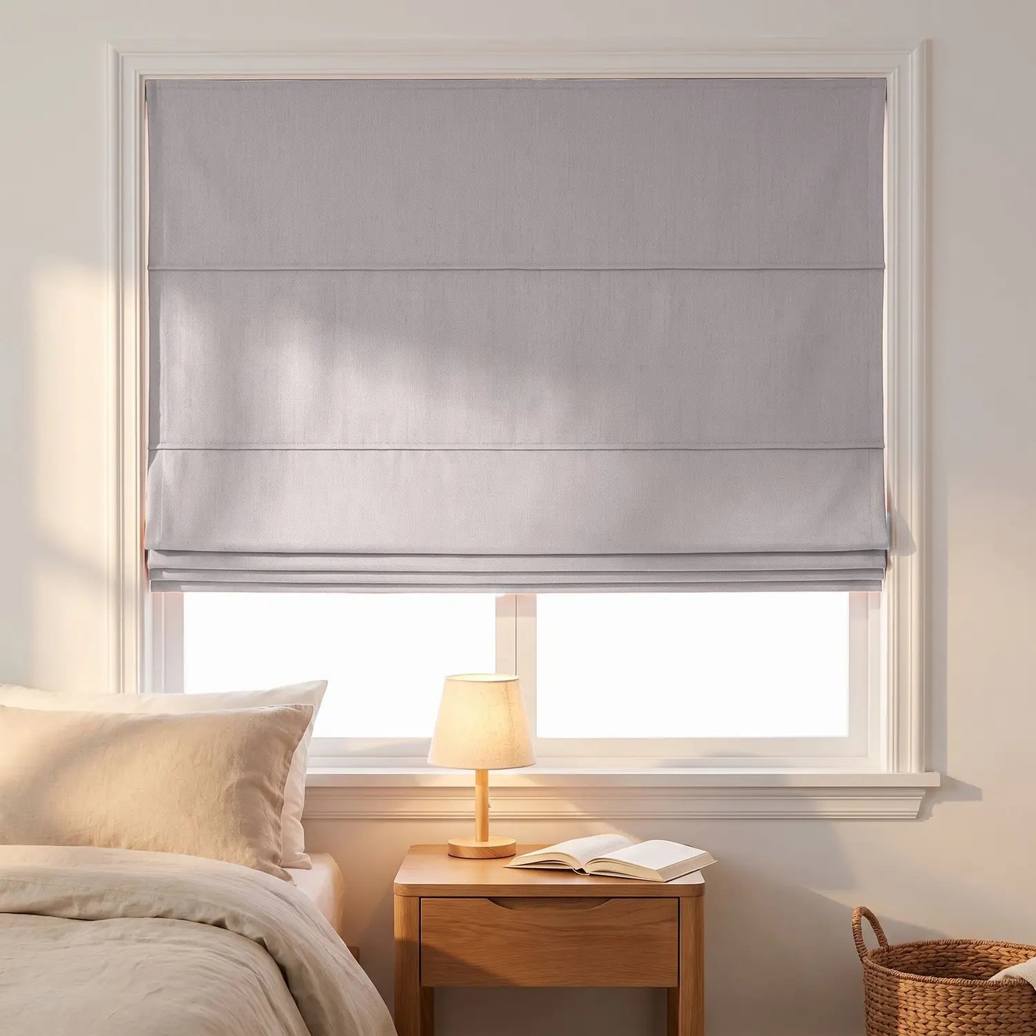 Custom Roman Shade - Pearl Grey in room