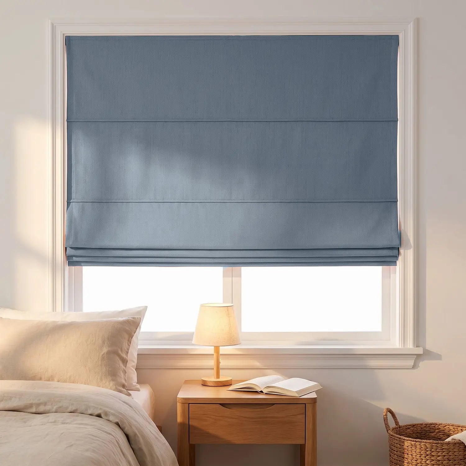 Custom Roman Shade - Dusty Blue in room