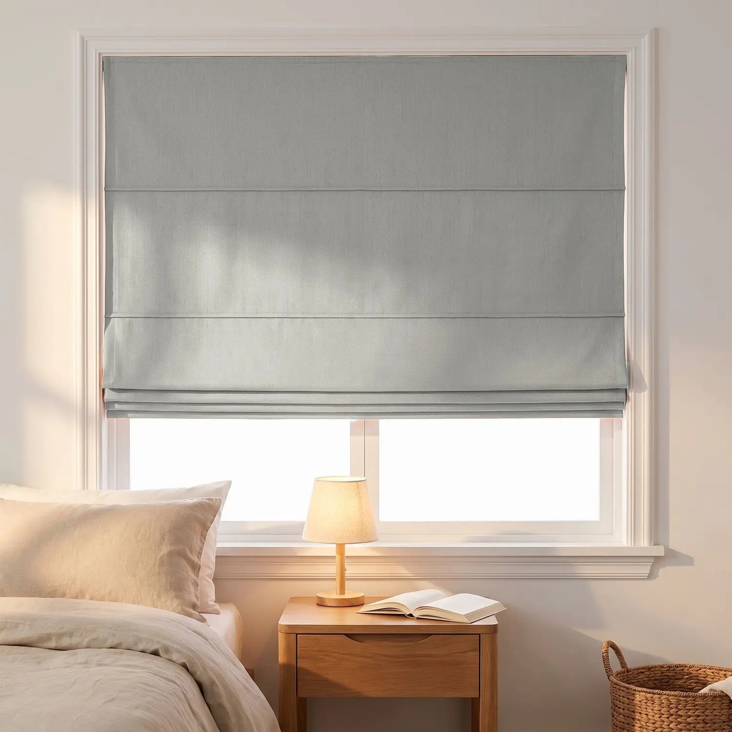 Custom Roman Shade - Silver Grey in room