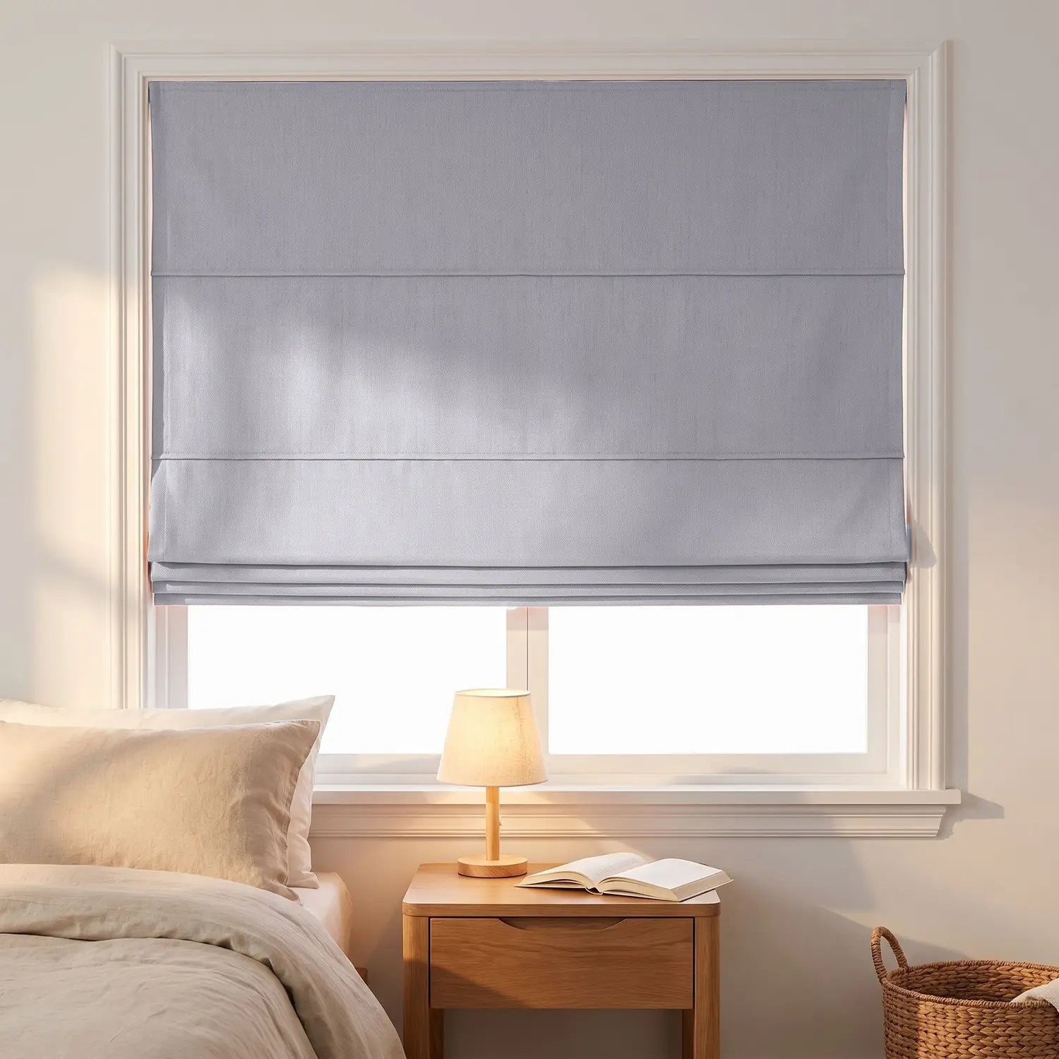 Custom Roman Shade - Powder Blue in room
