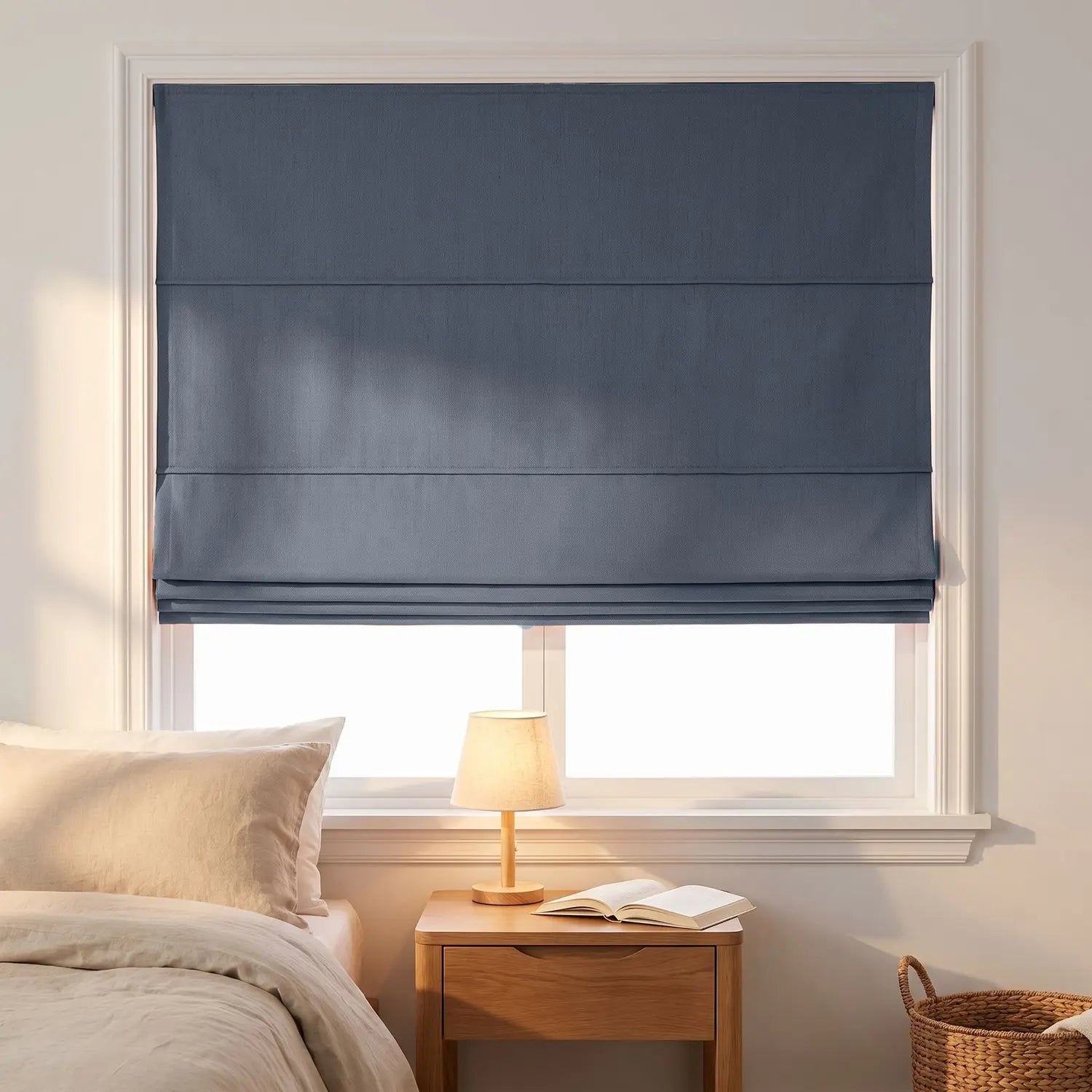 Custom Roman Shade - Cornflower Blue in room
