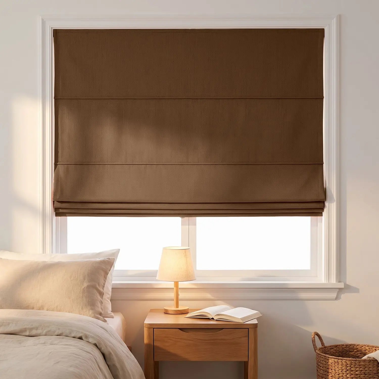 Custom Roman Shade - Mocha Brown in room