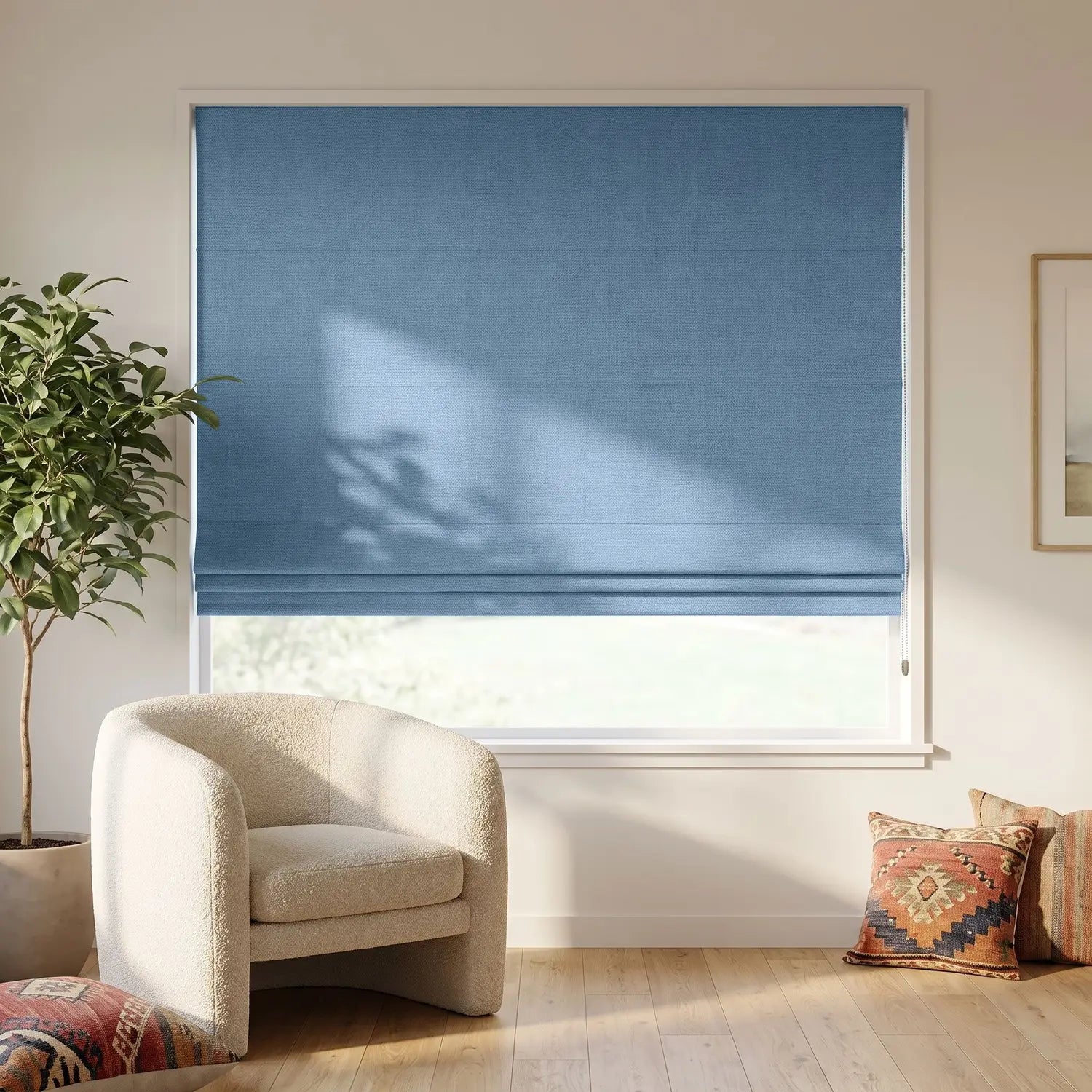 Custom Roman Shade - Powder Blue in room